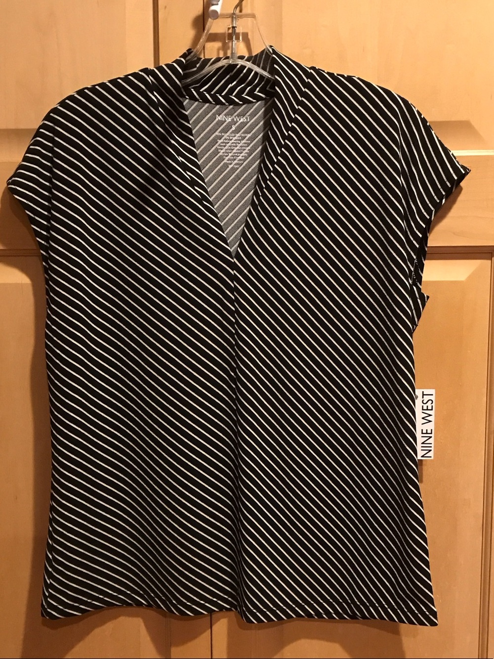 New Nine West Black and White Diagonal Stripe V-Neck Blouse